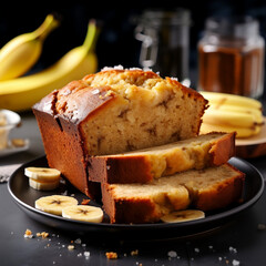 An enticing special angle commercial shot of a slice of moist and delicious Banana Bread