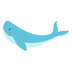 Hand drawn cartoon blue whale. Cute whale sea life.Cachalot marine life. Isolated on white background.Vector flat illustration.Underwater fish.Sperm whale marine mammal.