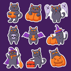 Happy halloween - cats sticker.Set cute black cartoon cats.Creepy black cats. Autumn stickers with scary.Cat with a pumpkin, in costumes.Cat in the witch hat.Character cartoon cat scared of ghosts.