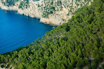 Hiking holidays Mallorca, Spain. Beautiful picture with landscape of Serra de Tramuntana mountains in the island of Majorca in Mediterranean sea. Paradise for bikers. Adventure travel.