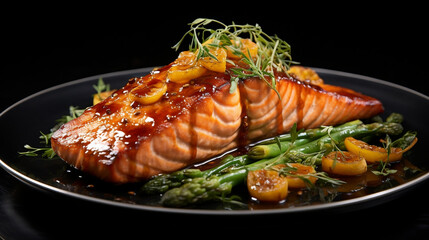 A mouthwatering special angle commercial shot of a perfectly glazed Apricot Glazed Salmon, showcasing the golden-brown glaze and the flaky, pink salmon
