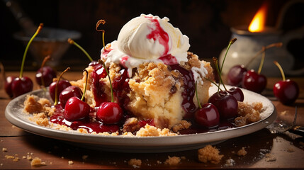 A mouthwatering special angle commercial shot of a warm Cherry Crumble, showcasing the bubbling cherry filling and the crumbly, buttery topping