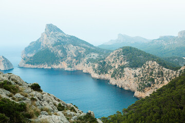 Hiking holidays Mallorca, Spain. Beautiful picture with landscape of Serra de Tramuntana mountains in the island of Majorca in Mediterranean sea. Paradise for bikers. Adventure travel.