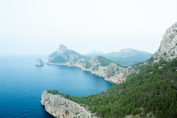 Hiking holidays Mallorca, Spain. Beautiful picture with landscape of Serra de Tramuntana mountains in the island of Majorca in Mediterranean sea. Paradise for bikers. Adventure travel.