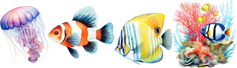 Obraz na płótnie Canvas Watercolor illustrations of coral reefs and tropical fish. generative ai 