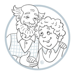 Avatar icon of a cute elderly couple. Black and white portrait  in the circle for coloring book. In cartoon style. Isolated on white background.  Vector illustration.
