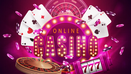 Online casino, pink poster with casino elements. Retro signboard, slot machine, Casino Roulette, poker chips and playing cards