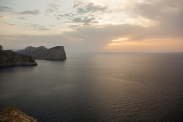 Fototapeta premium Hiking holidays Mallorca, Spain. Beautiful picture with landscape of Serra de Tramuntana mountains in the island of Majorca in Mediterranean sea. Paradise for bikers. Adventure travel.