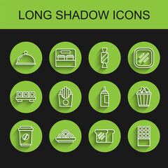 Set line Coffee cup to go, Asian noodles in bowl, Covered with tray, Bread toast, Chocolate bar, Potatoes french fries box, Popcorn and Sauce bottle icon. Vector