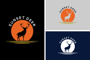 Deer Buck Stag Silhouette at The beauty sunset in African Savanna Sunrise or Sunset Nature Wildlife Logo Design