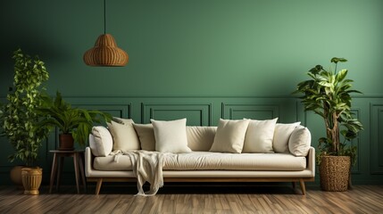 A living room with a green wall and a white sofa with a brown blanket on it and a plant on the right side