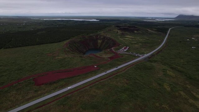 AERIAL FOOTAGE: Kerid, a volcanic crater lake located in the Gr&iacute;msnes area in south Iceland. This vibrant blue gem is approximately 55 meters deep, 170 meters wide, and 270 meters in circumference.
