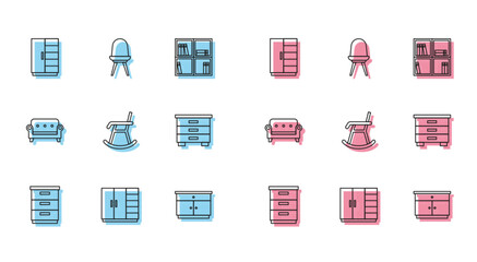 Set line Furniture nightstand, Wardrobe, Armchair, Sofa and Chair icon. Vector