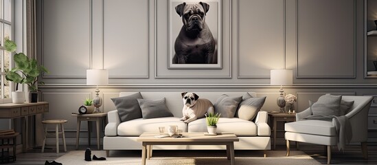 The living room interior design is stylish and cozy, featuring a mock-up structure painting, a dog,