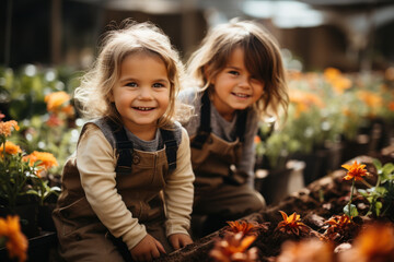 Two little kids in cute gardening outfits are playing and laughing in the garden. Vintage style