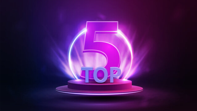 Top 5, banner with podium floating in the air with award, line gradient neon ring and spotlight on background - Powered by Adobe