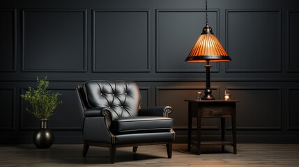 Armchair in black living room with copy space