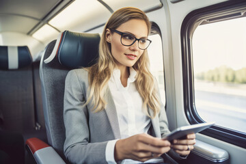 Fototapeta na wymiar Elegant businesswoman using tablet on train when go to work. Generative Ai