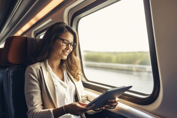 Elegant businesswoman using tablet on train when go to work. Generative Ai