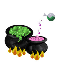 3d illustration for Halloween. A witch's cauldron with a potion, a burning fire, a decoction of green and pink color is brewed, bubbles in a saucepan. Magic and sorcery. Design for postcards or