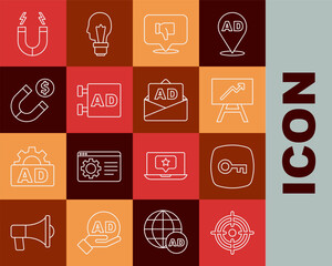 Set line Target, Key, Board with graph chart, Dislike in speech bubble, Advertising, Magnet money, and icon. Vector