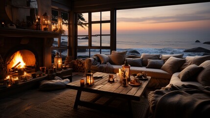 Cozy coastal home with fireplace and warm decor