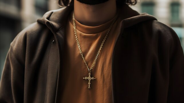 Christian cross on man neck. Golden christ cross on a chain around the neck of a man.