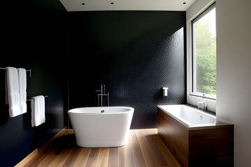 a design luxury bathroom, with double bath up, a wood floor, black wall, italian shower. black bathroom concepts