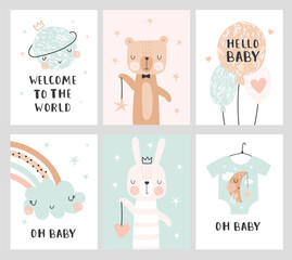 Set of vector cards for baby shower party. Vector illustrations