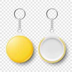Vector 3d Realistic Blank Yellow Round Keychain with Ring and Chain for Key Isolated. Button Badge with Ring. Plastic, Metal ID Badge with Chains Key Holder, Design Template, Mockup