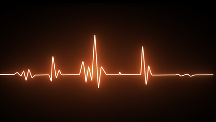 Neon heartbeat on black isolated background. Background heartbeat line neon light heart rate display screen medical research.