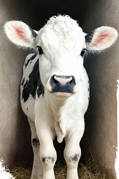 Watercolor Painting, White Cow With Black And White Ears Cow, White Background, High Detailed, No Horns, Ai Generative