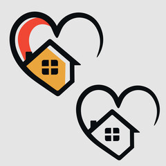 Sweet home logo - house with window and chimney on the roof and heart or love symbol. Family, real estate and realty vector icon.