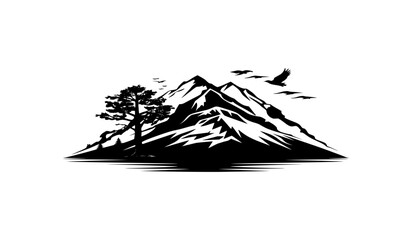 Silhouette of mountains. Black and white image of the contour of the hills. Vector image of stones, terrain, relief, rocks. Design element