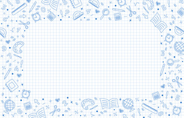 White graph background with frame of blue hand drawn school stationery icons. School background with copy space. Vector illustration