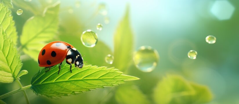ladybird on a plant in a green nature setting with plenty of space for cop ultrarealistic photo. --ar