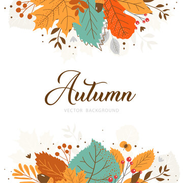 Postcard banner with vibrant autumn leaves hand drawn sketch. Flat doodle style. Vector illustration.