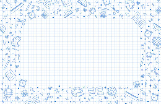 White graph background with frame of blue hand drawn school stationery icons. School background with copy space. Vector illustration