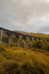 Fototapeta na wymiar Scenic view of a train railway bridge over a lush landscape of mountains and grass