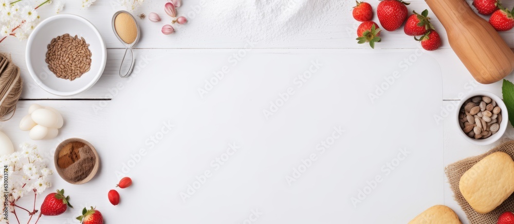 Poster mock up with white paper with space for text, around ingredients for baking cakes. concept cooking w