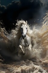 Elegant Metamorphosis: White Horse Emerging from Crashing Waves