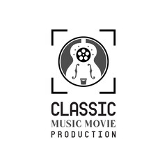 Guitar Film Strip and Camera Focus Lens Frame for Movie Cinema Photo Photography Music logo
