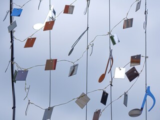 Abstract music background. Music notes against the blue sky.