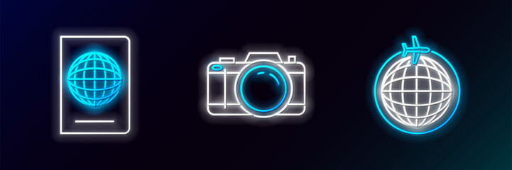 Set line Globe with flying plane, Passport biometric data and Photo camera icon. Glowing neon. Vector