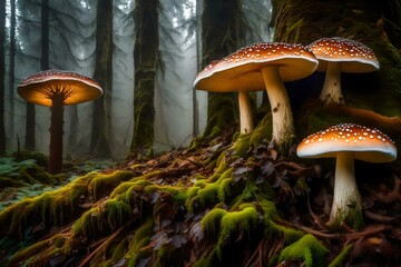 A magical forest shrouded in mist and dew, with a group of mushrooms growing on the side of a tree - AI Generative