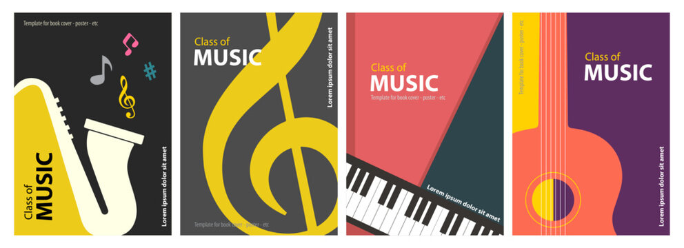 Music background vector illustration template, with guitar, piano, music notes, melody and saxophone elements