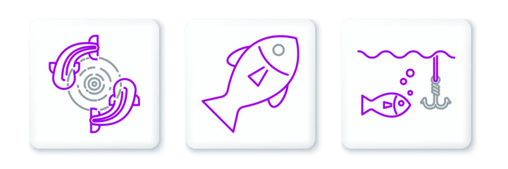 Set line Fishing hook under water with fish, and icon. Vector