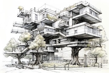 Architectural sketch of a modern futuristic house. Artwork poster design. Generative Ai illustration