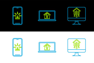 Set line Computer monitor with smart home, Mobile phone house and alarm and Laptop light bulb icon. Vector