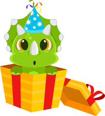 Cute Birthday Dinosaur Cartoon Character Exit From Gift Box. Vector Illustration Flat Design Isolated On Transparent Background © HitToon.com